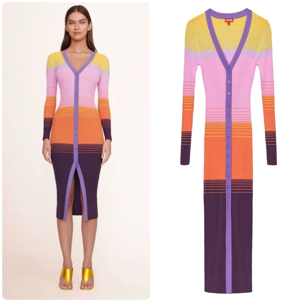 STAUD Shoko Pink Multi Colorblock Ribbed Button-Front Midi Dress – Size XL
